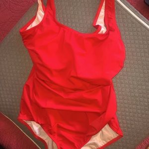 Red Lands End one-piece swimsuit.